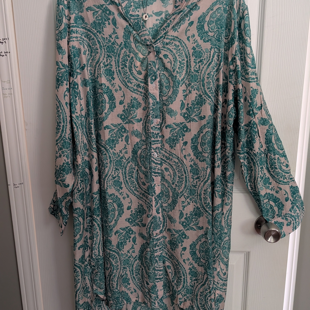 Teal and Green Patterned Button-Up Tunic